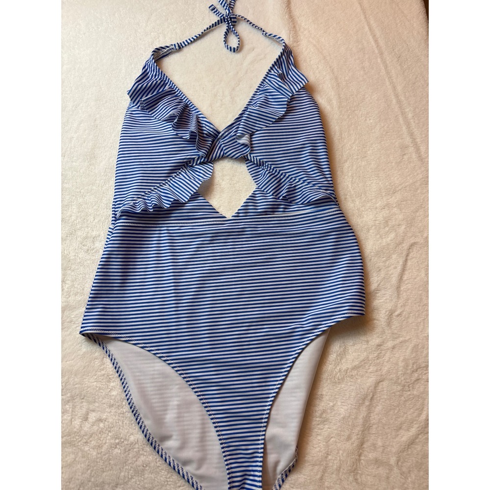 Aerie Blue White Striped Ruffle Halter One Piece Swimsuit XL Long 0751-2466